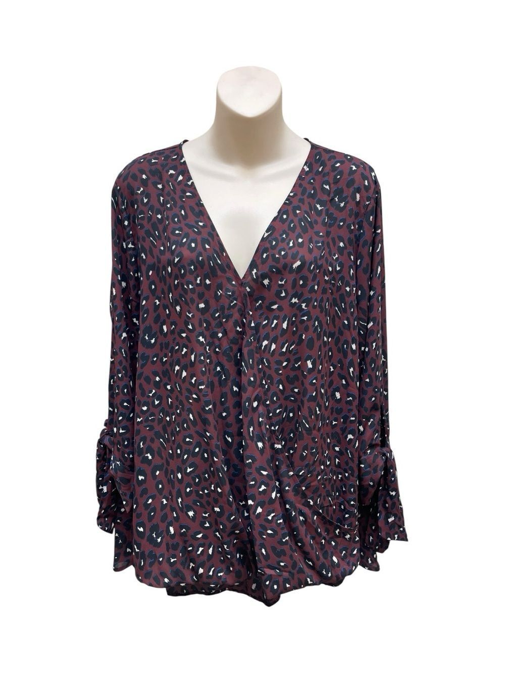 West Kei XXL Leopard Print Faux Wrap Blouse Burgundy Long Sleeve Tie Cuff Top